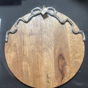 Mud Pie Round Wood Serving Board with Silver Rope Accent
